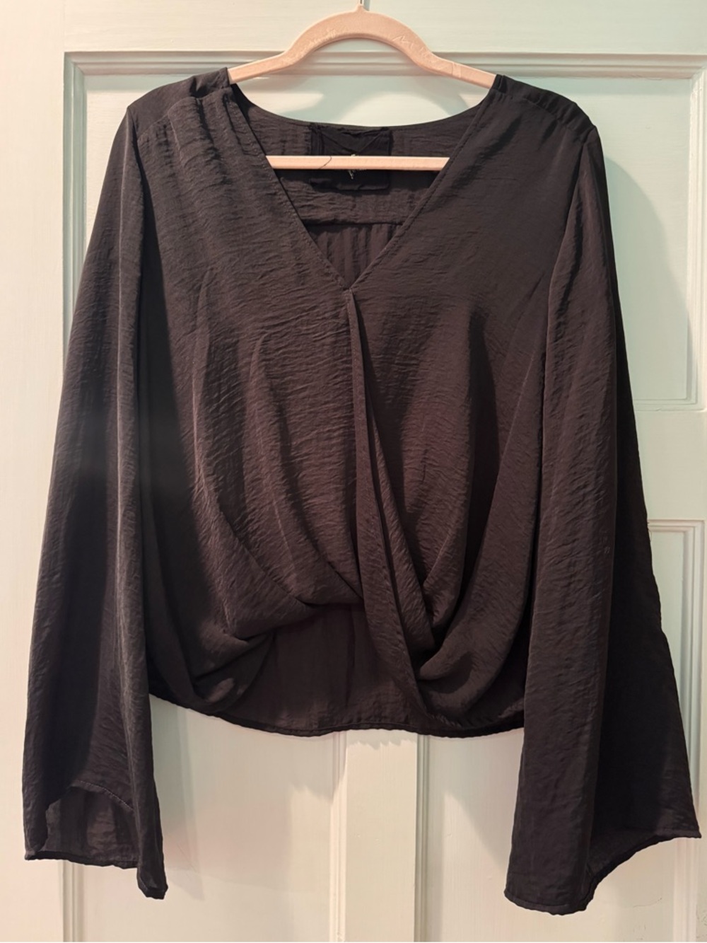 Blue Life Black Wrap Draped Front Long Sleeve Blouse